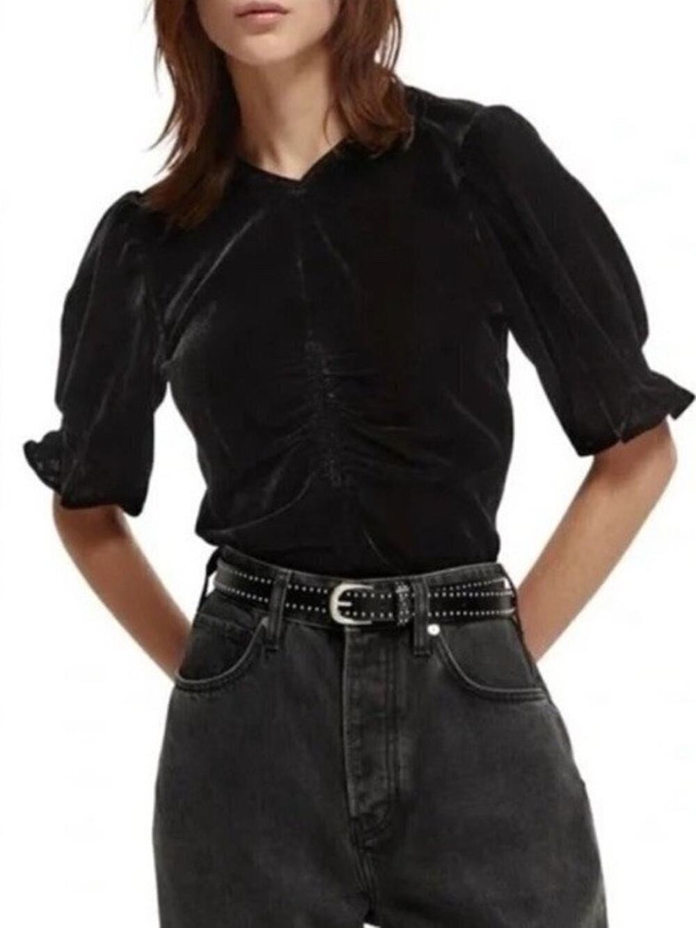 Scotch & Soda Velvet Top size Large Black NWT Puff Sleeves Zip Side Evening